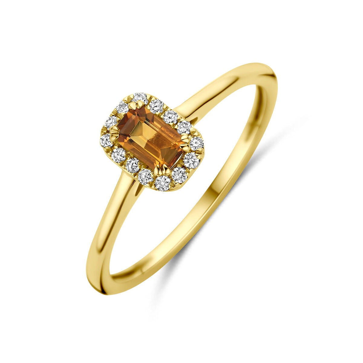Bague en or jaune 14 carats avec citrine et diamants lab-grown, sertie de pierres brillantes.