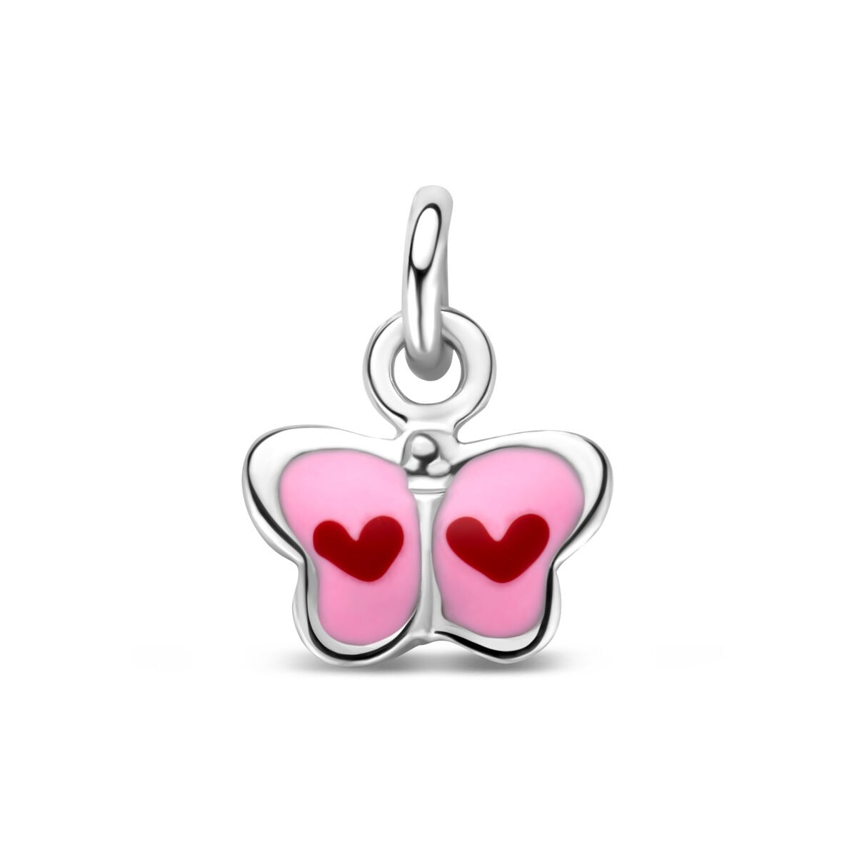 Pendentif en argent rhodié en forme de papillon avec émail rose et cœurs rouges.