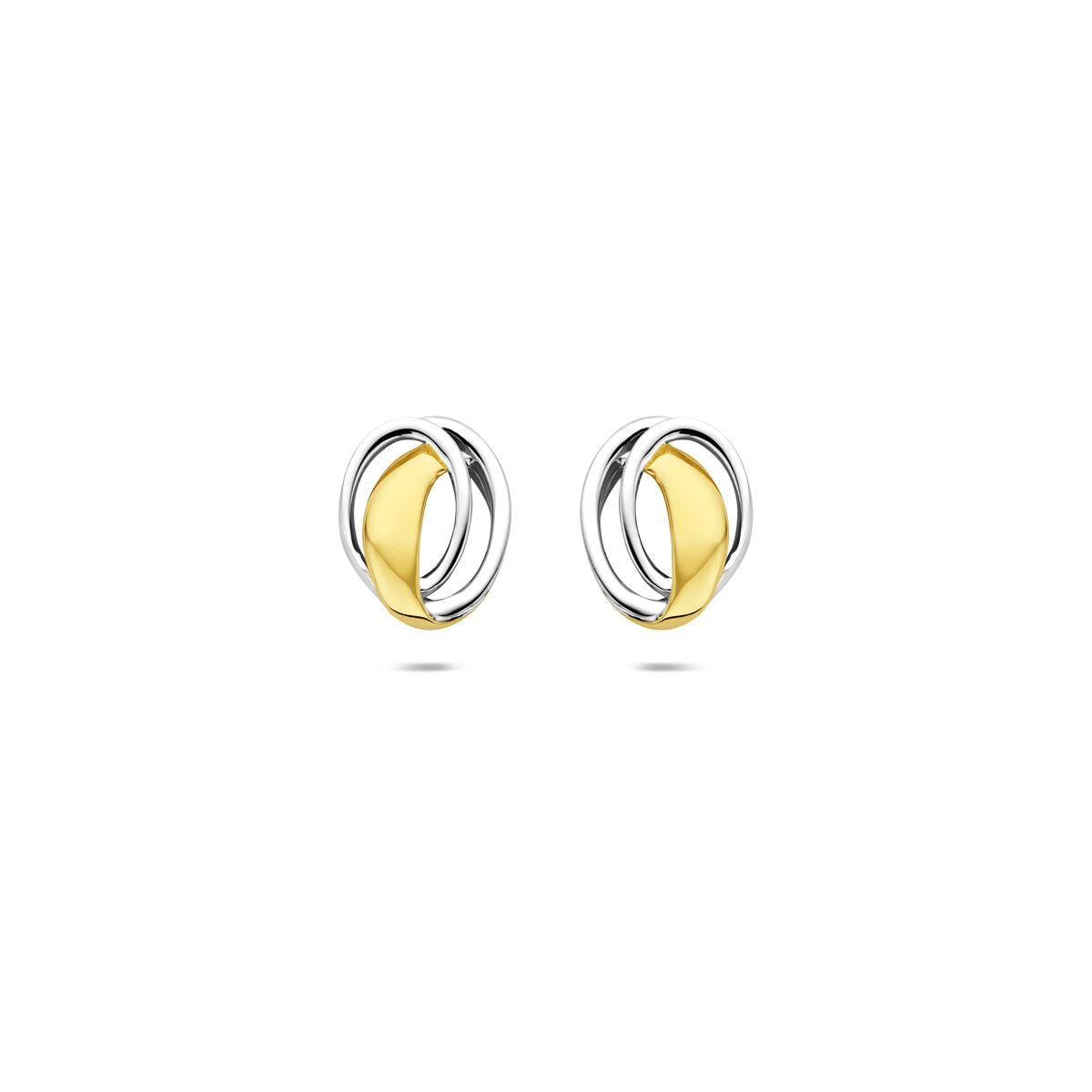 Boucles d'oreilles en or bicolore jaune et blanc avec un design en spirale.