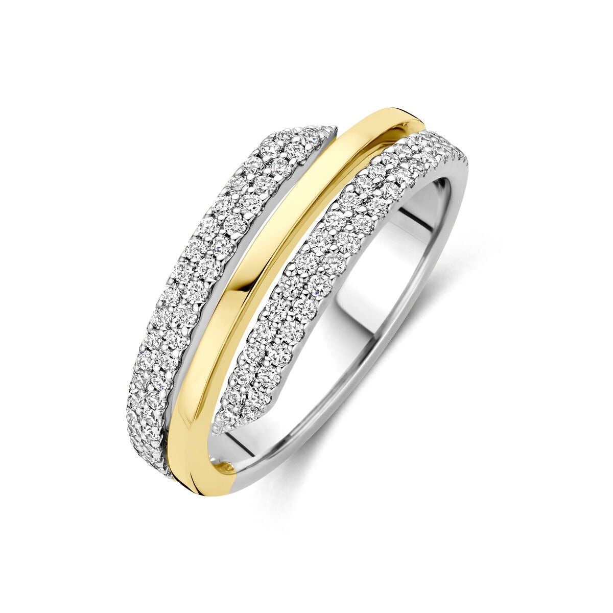 Bague en or bicolore avec diamants de 0,40 ct, design moderne et brillant.