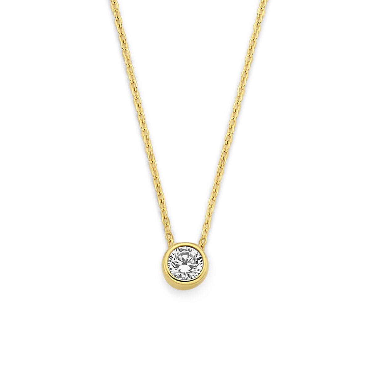 Geelgouden ketting met een ronde zirkonia hanger in een eenvoudige setting.