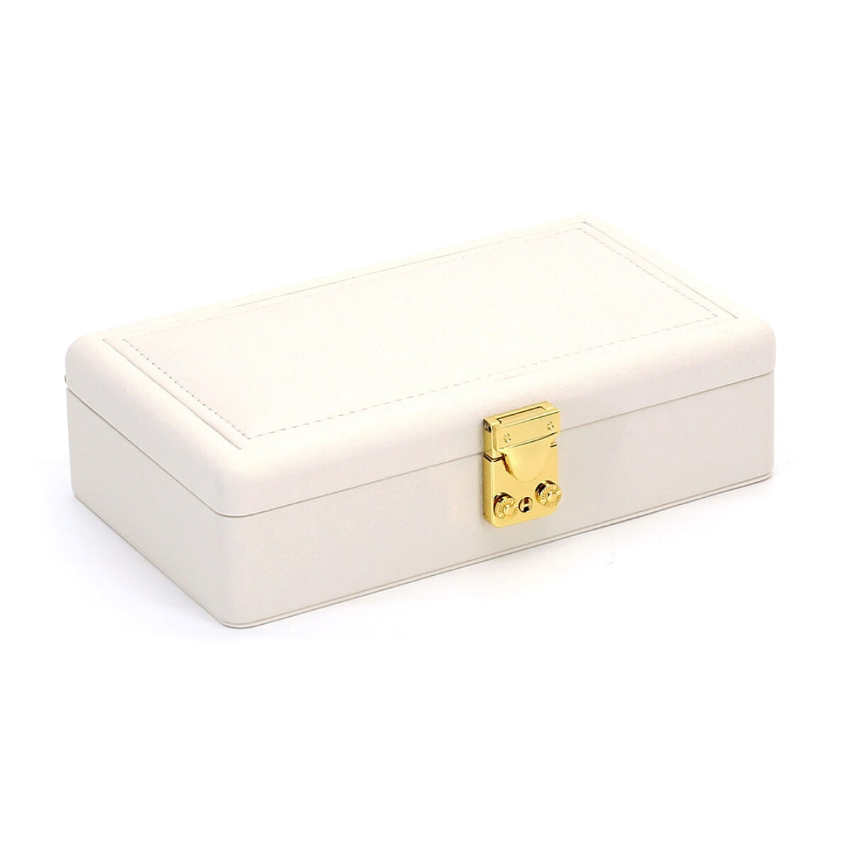 Boîte à bijoux beige avec accents jaunes, compacte et élégante, fermée par un verrou doré.