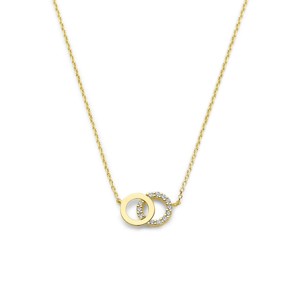 Collier en or jaune avec deux anneaux entrelacés, orné de zirconia, ajustable jusqu'à 44 cm.