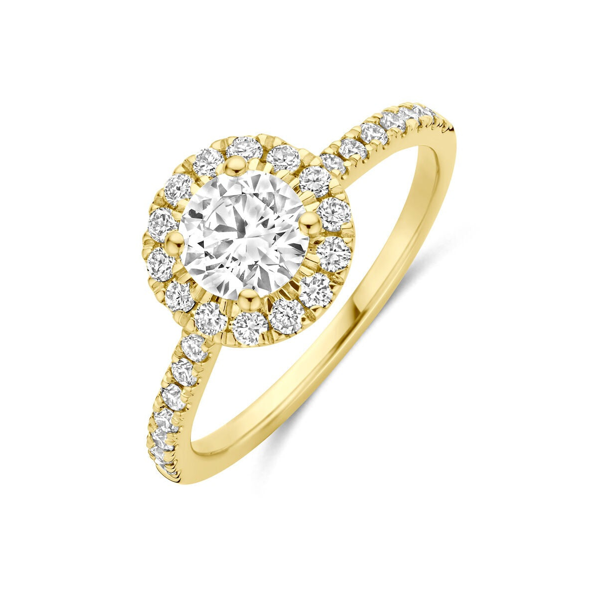 Bague en or jaune 14 carats ornée d'un diamant lab grown de 1,10 ct et de diamants brillants.
