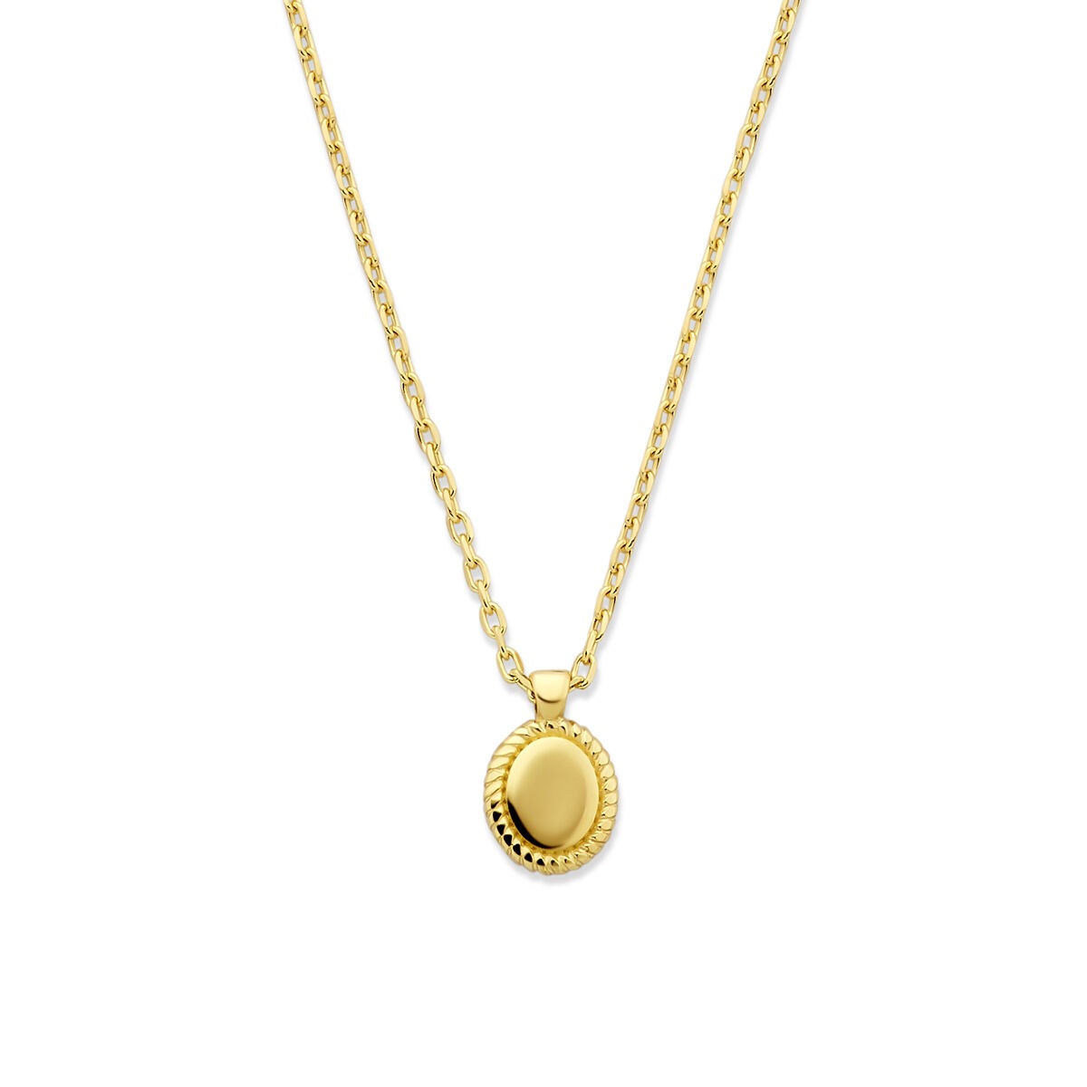 Collier en or jaune 14 carats avec pendentif ovale et finition lisse.