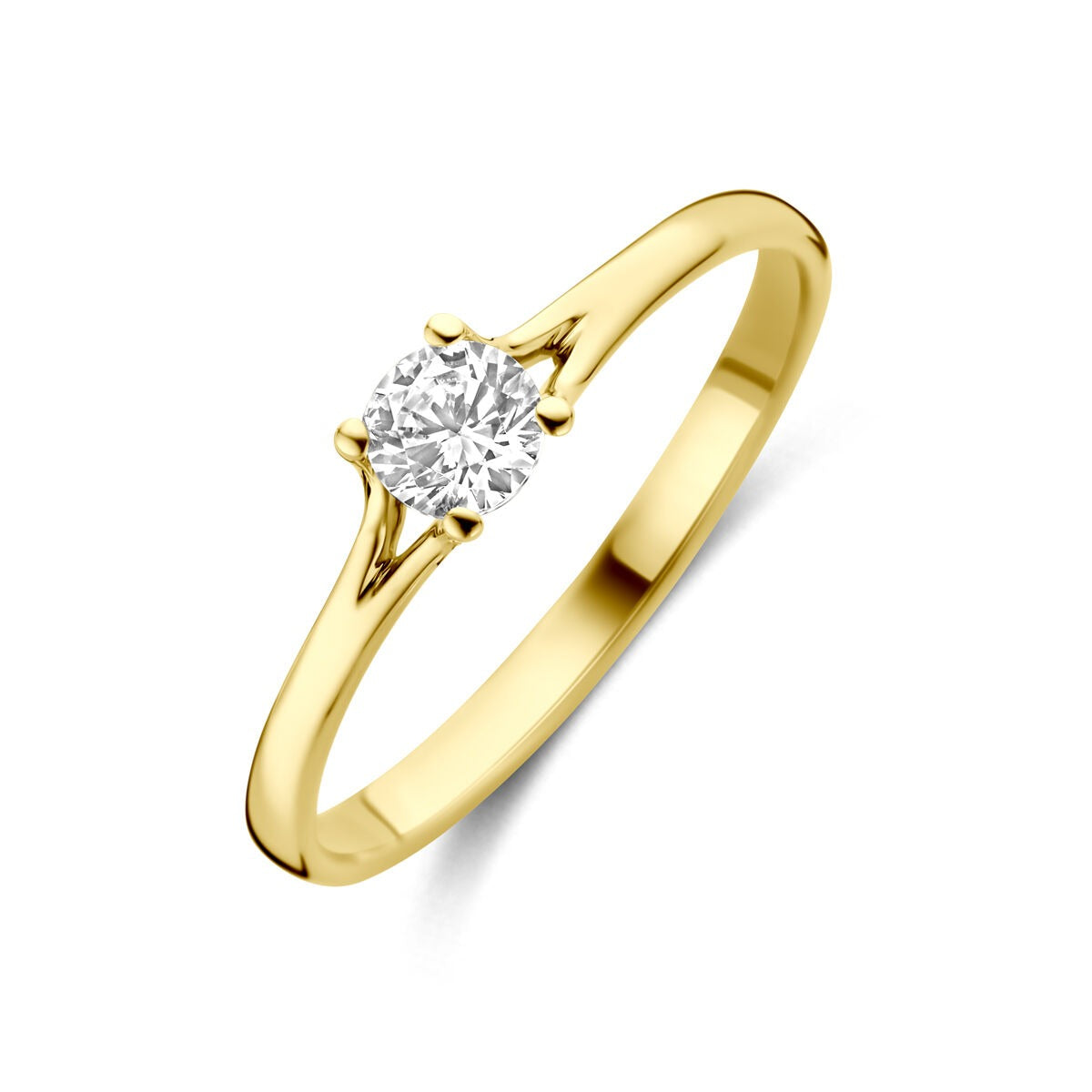 Bague en or jaune 14 carats avec un zirconia brillant au centre.