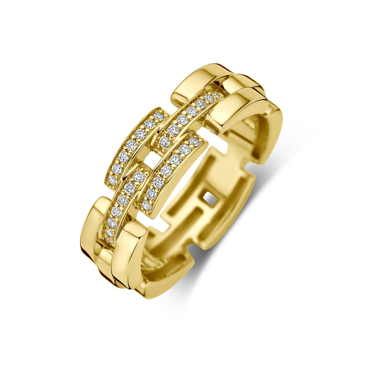 Bague en or jaune 14 carats ornée de diamants en pavé.