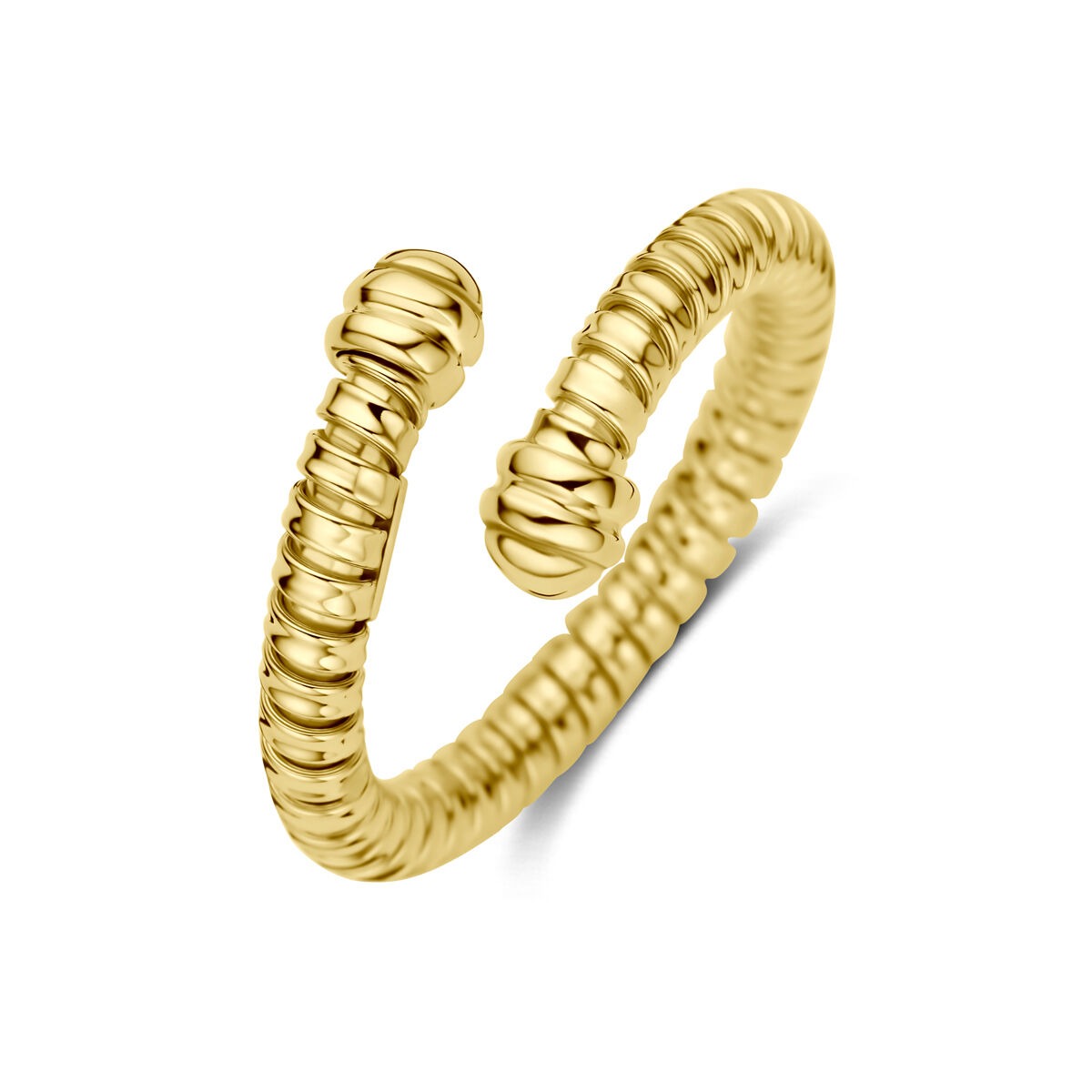 Bague en or jaune 14 carats de 11 mm avec un design ondulé et des détails texturés.
