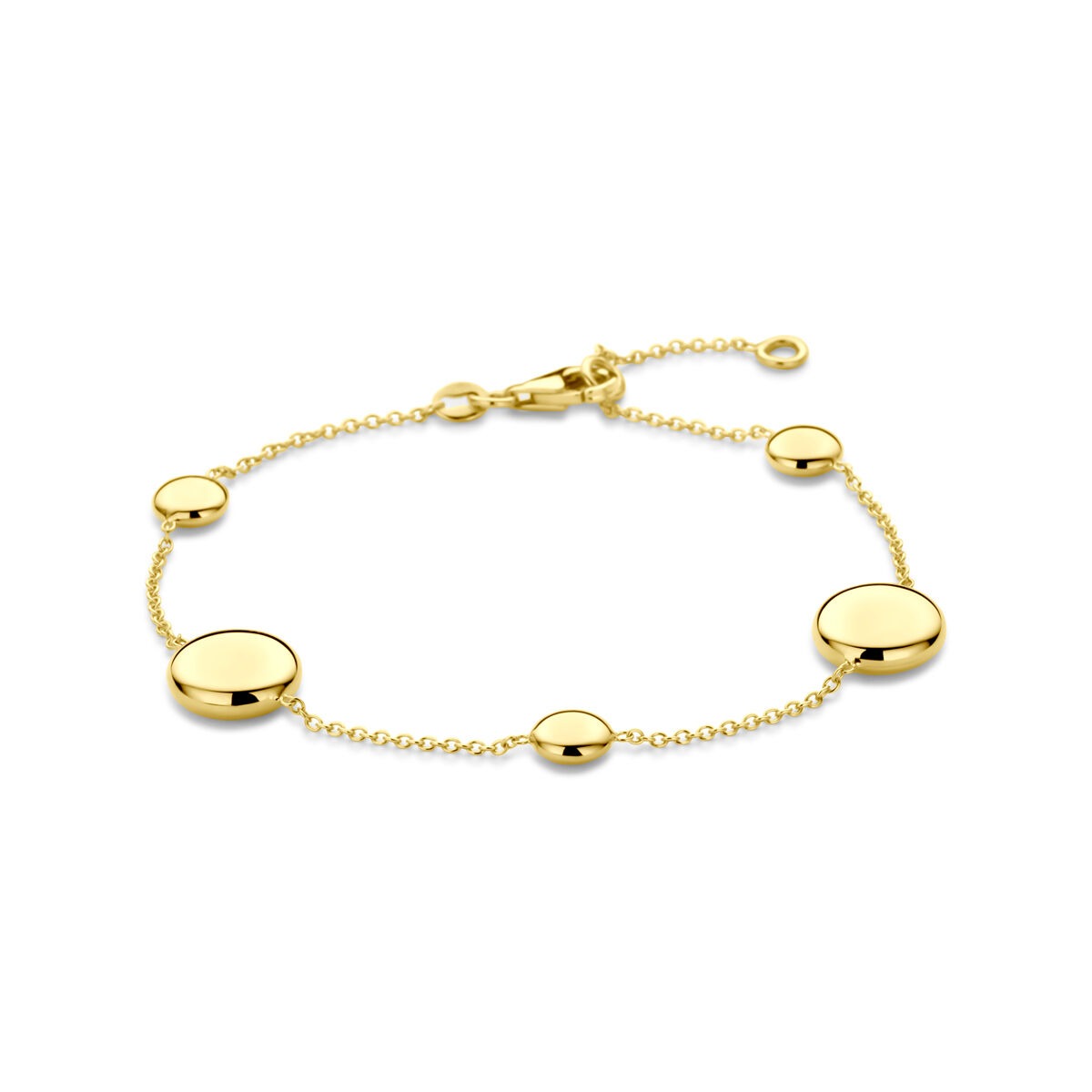 Bracelet en or jaune 14 carats avec des disques ronds brillants, longueur de 17 à 19 cm.
