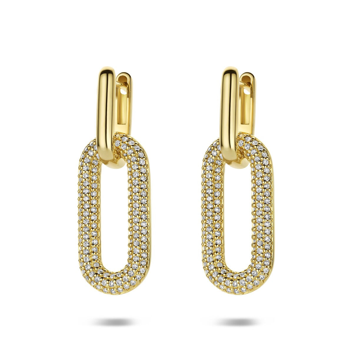Boucles d'oreilles en or jaune 14 carats, en forme de chaîne, ornées de diamants.