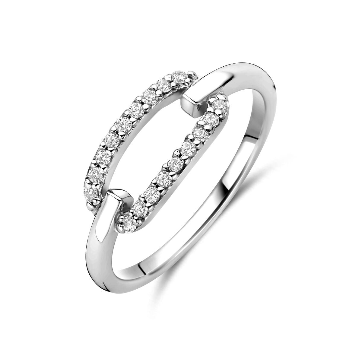 Bague en argent rhodié pour femme ornée de zirconiums, design moderne avec deux rangées.