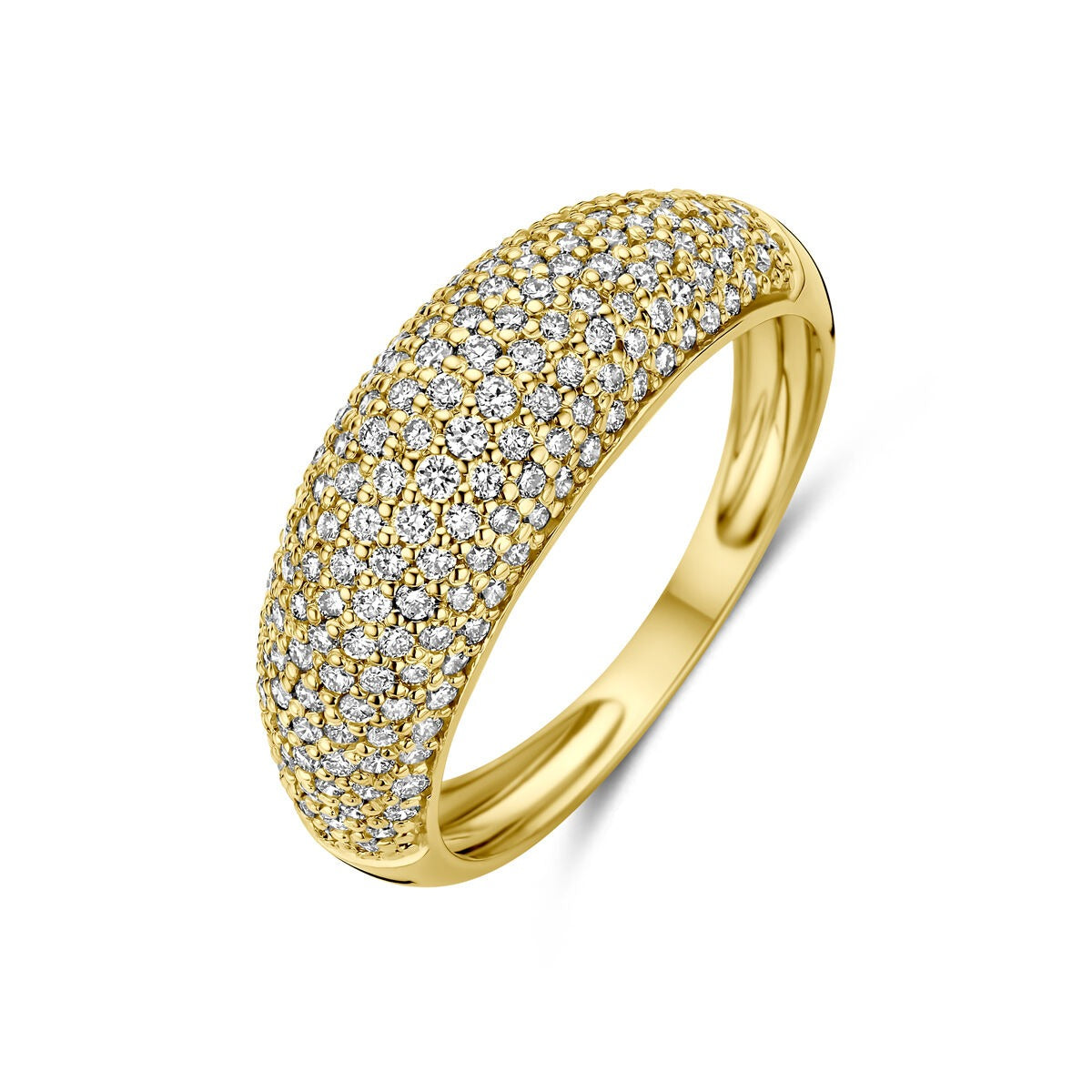 Bague en or jaune 14 carats ornée de diamants lab grown, au design bombé et brillant.