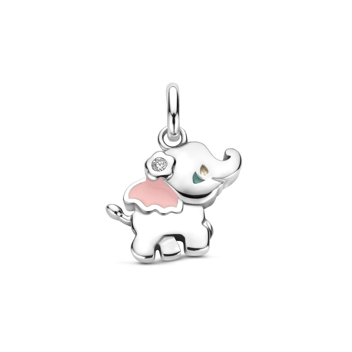 Pendentif en argent rhodié en forme d'éléphant, avec détails en zircon et émail rose.