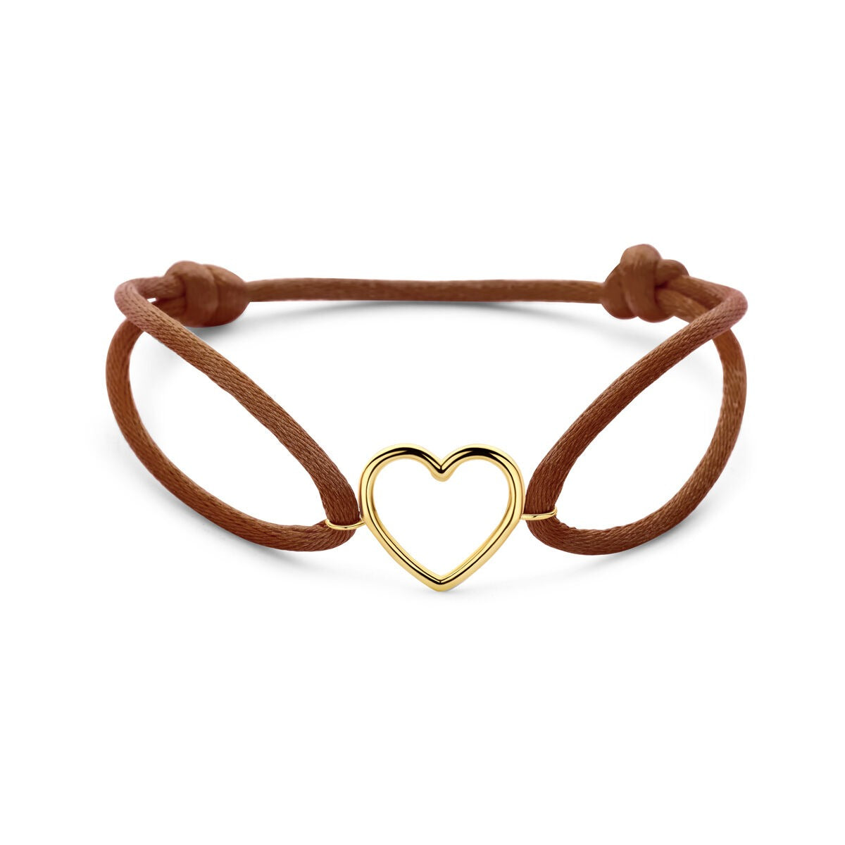 Bracelet en satin marron avec un cœur en or jaune 14 carats, design délicat et chaleureux.