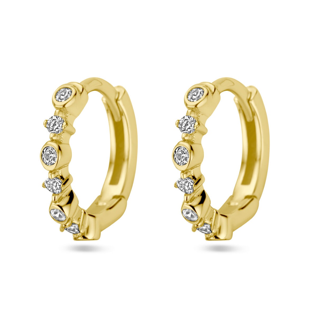 Vergulde zilveren klapoorringen met zirkonia, geelgoud op 925 zilver, 11,5 mm, met een speelse, ronde vorm.
