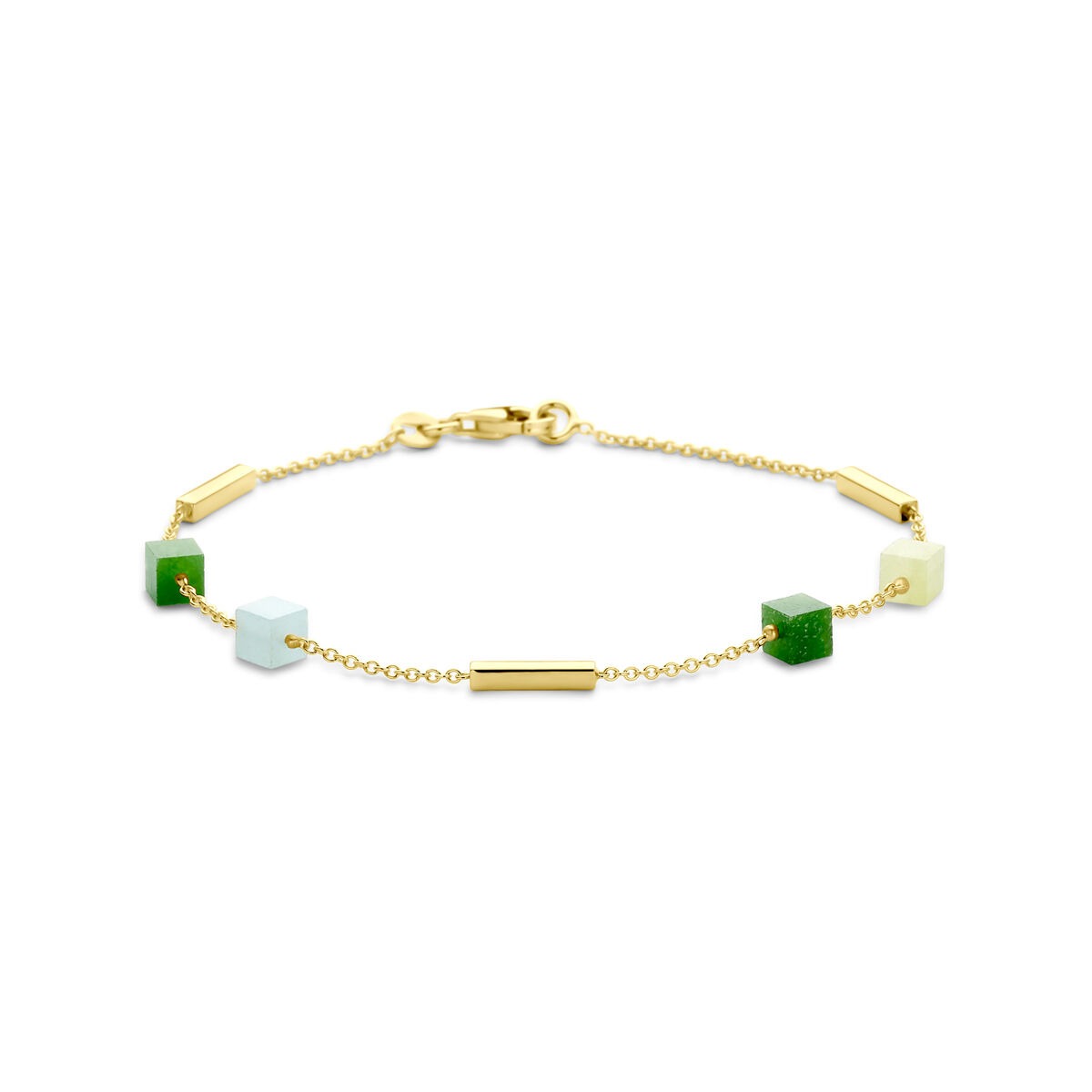 Bracelet en or 14 carats avec des pierres de quartzite bleu et vert.
