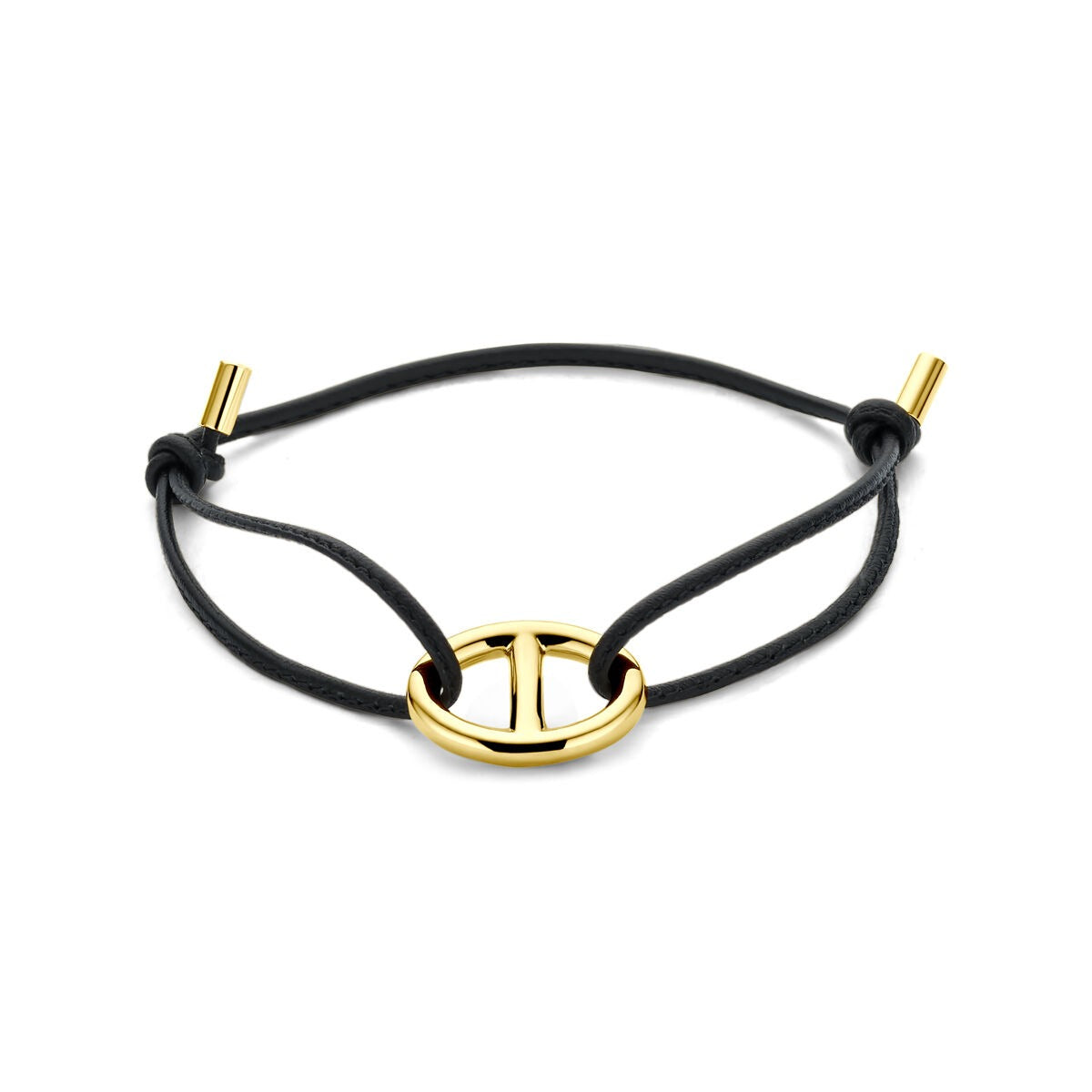 Bracelet en cuir noir avec maillon marin en or jaune 18 carats.