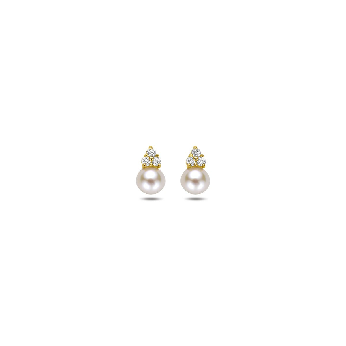 Boucles d'oreilles en or jaune 14k avec perles et zirconiums, forme ronde et détails scintillants.