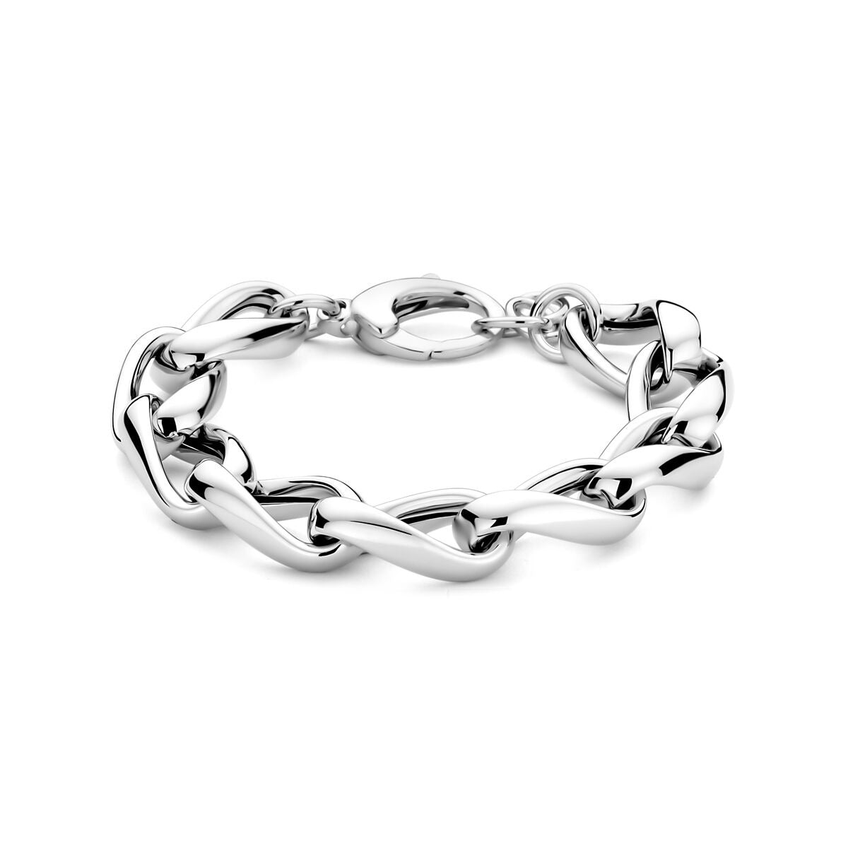 Bracelet en argent rhodié avec maillons ronds de 12 mm, longueur de 18 + 2,5 cm.
