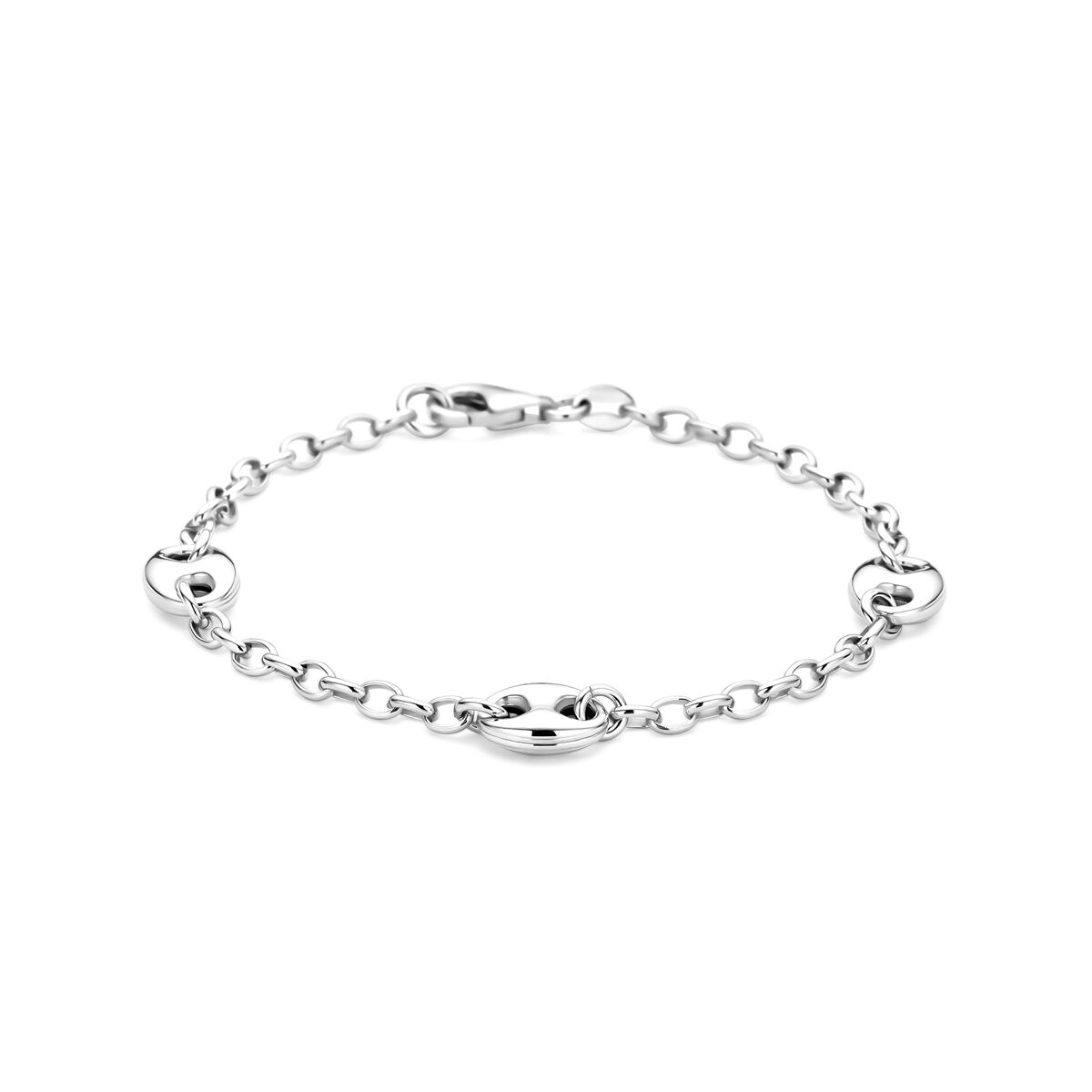 Bracelet en argent avec des maillons en forme d'ancre et de coeurs.