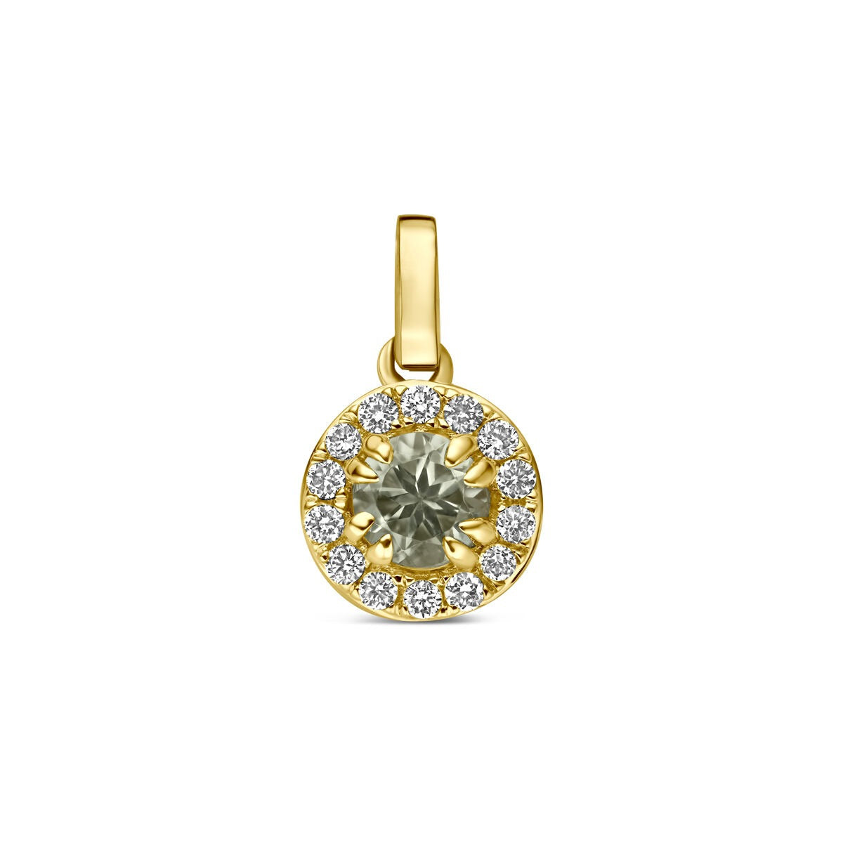 Pendentif en or jaune 14k avec améthyste verte et diamants synthétiques.