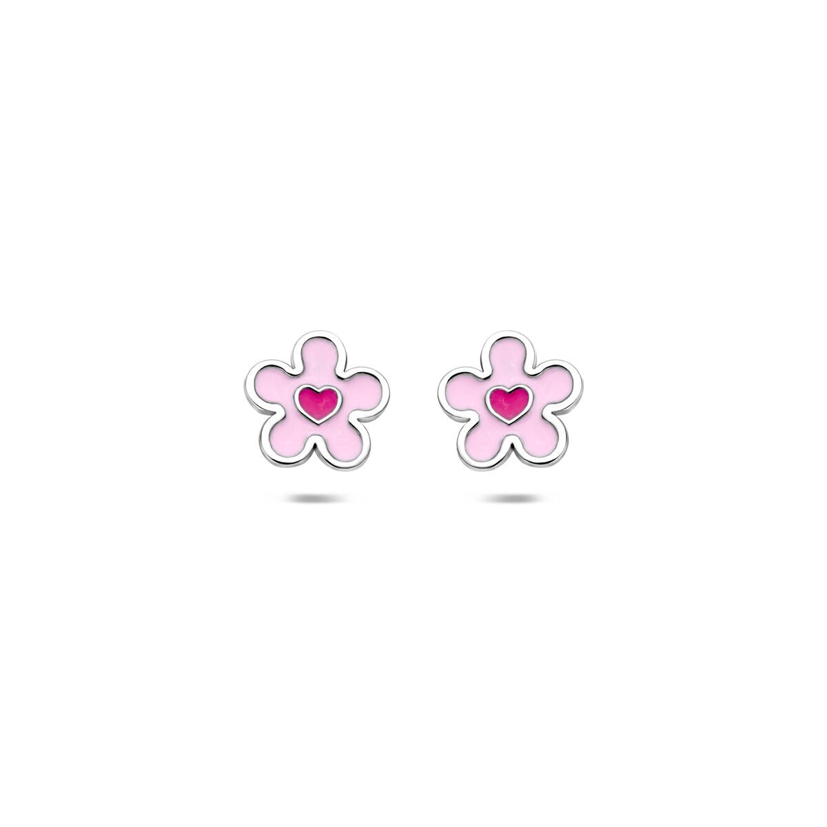 Boucles d'oreilles en argent 925 rhodié en forme de fleur avec un cœur rose au centre.