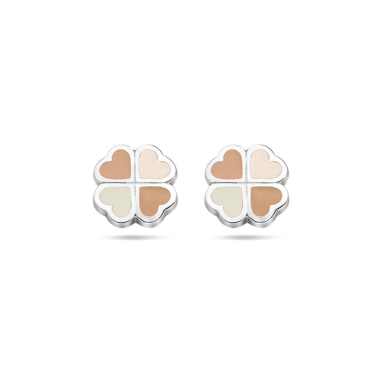 Boucles d'oreilles en argent rhodié en forme de trèfle, ornées de nacre rose et blanche.