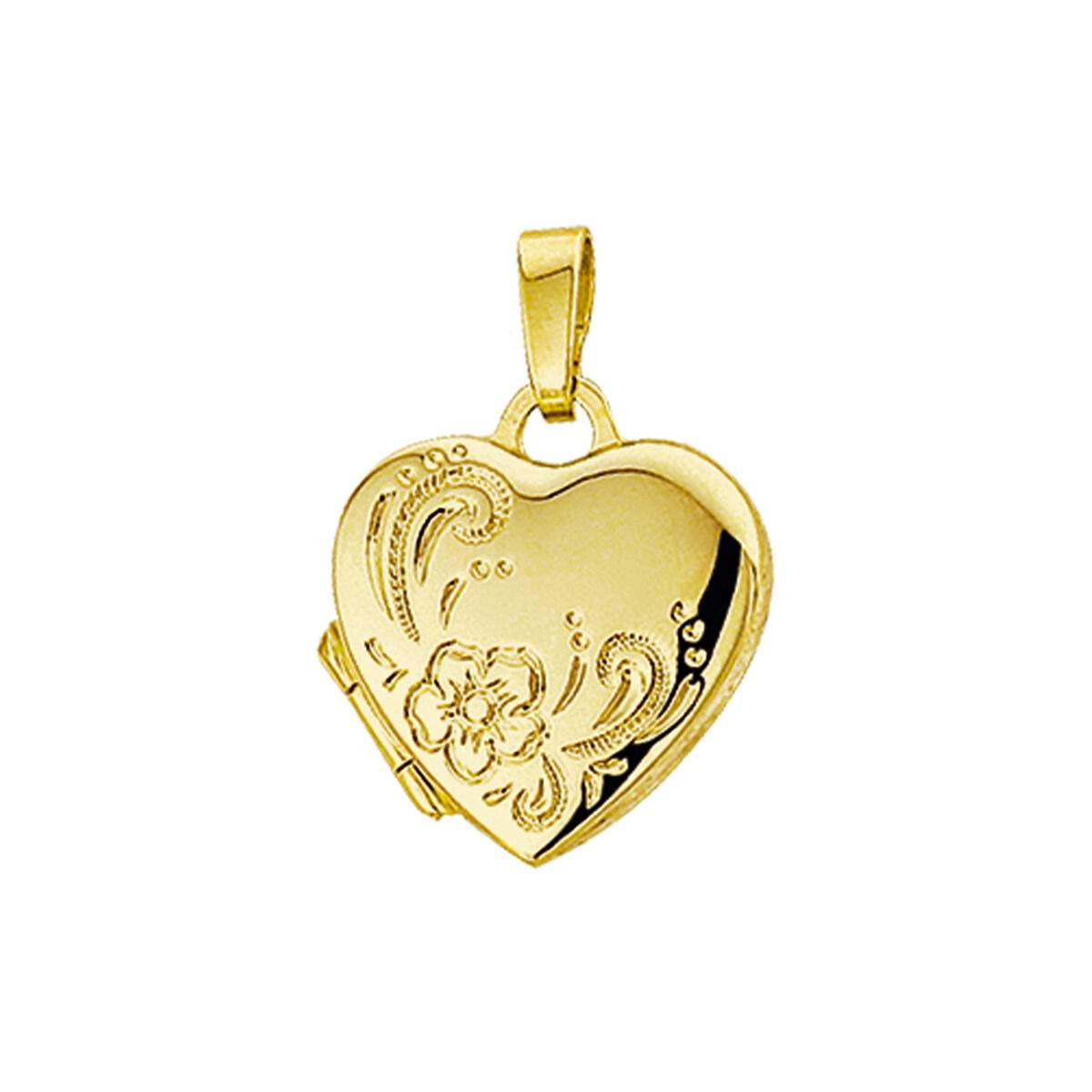 Pendentif en forme de cœur en or jaune 14 carats avec gravure florale.