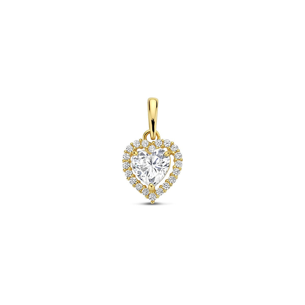 Pendentif en or 14 carats en forme de cœur, orné de zirconiums en sertissage entourage.