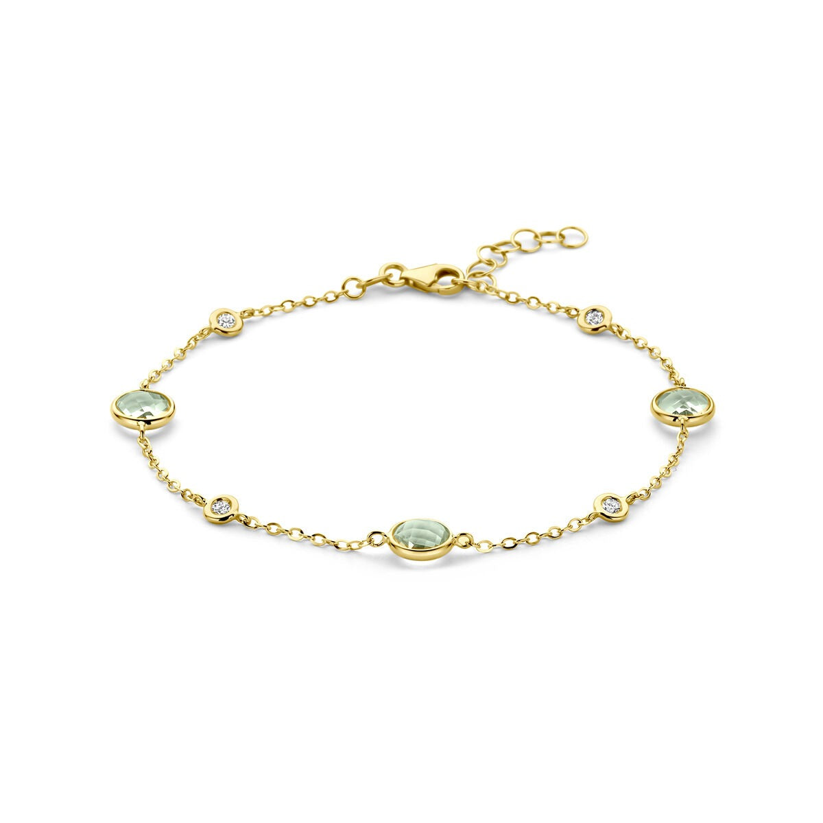 Bracelet en or jaune 14 carats avec améthystes vertes et diamants de 0,20 ct.