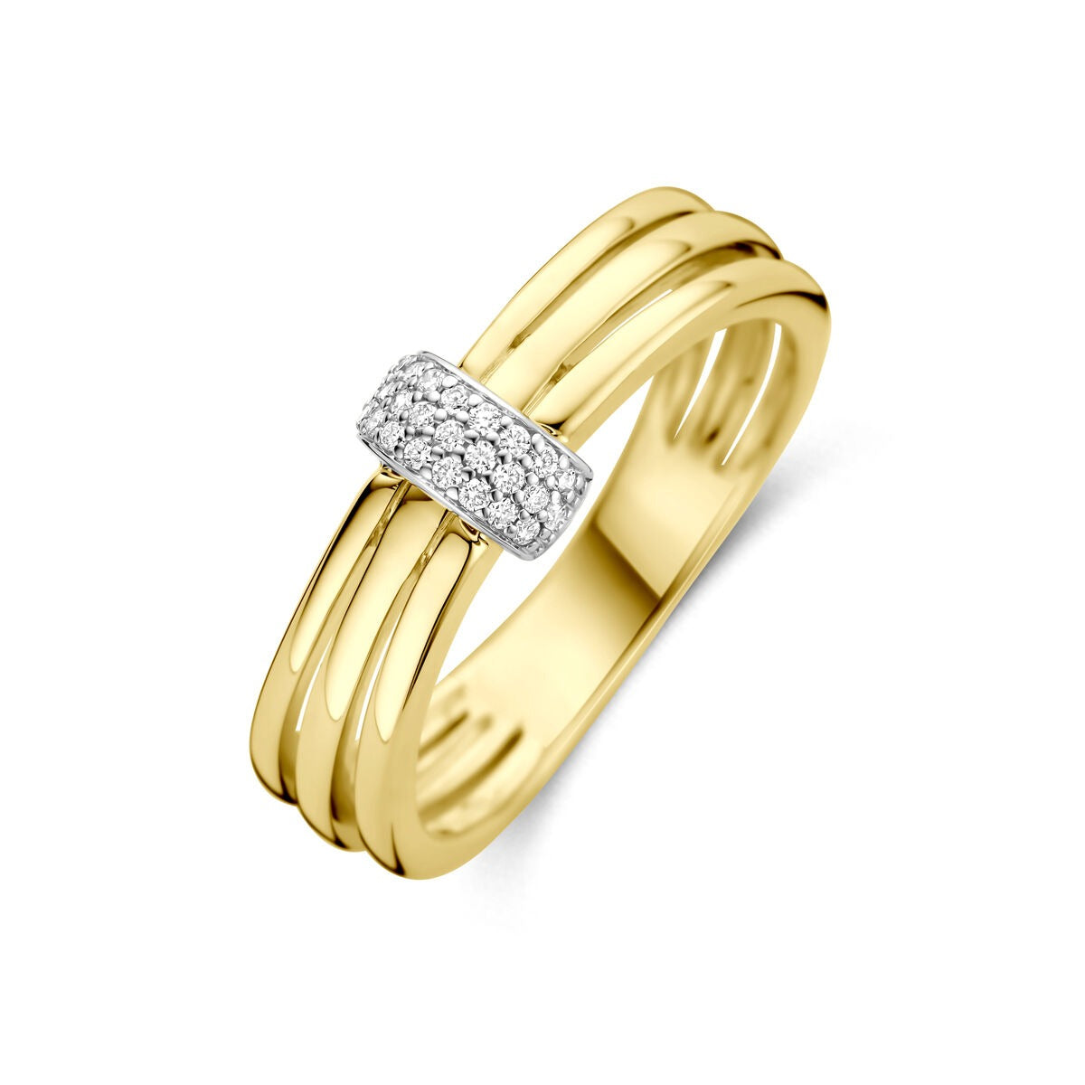 Bague bicolore en or jaune et blanc de 14 carats, 7 mm de large, ornée de diamants.