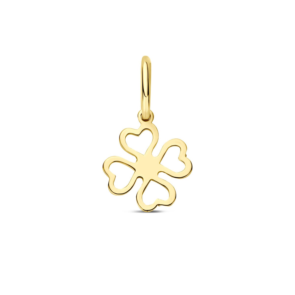 Pendentif en or jaune 9 carats en forme de trèfle à quatre cœurs.