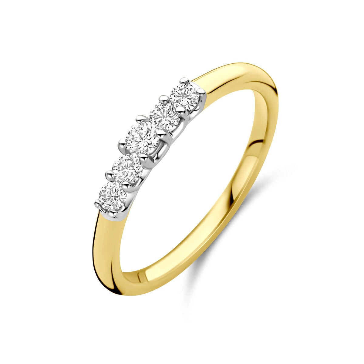 Bague bicolore en or 14 carats avec cinq diamants de 0,30 ct.