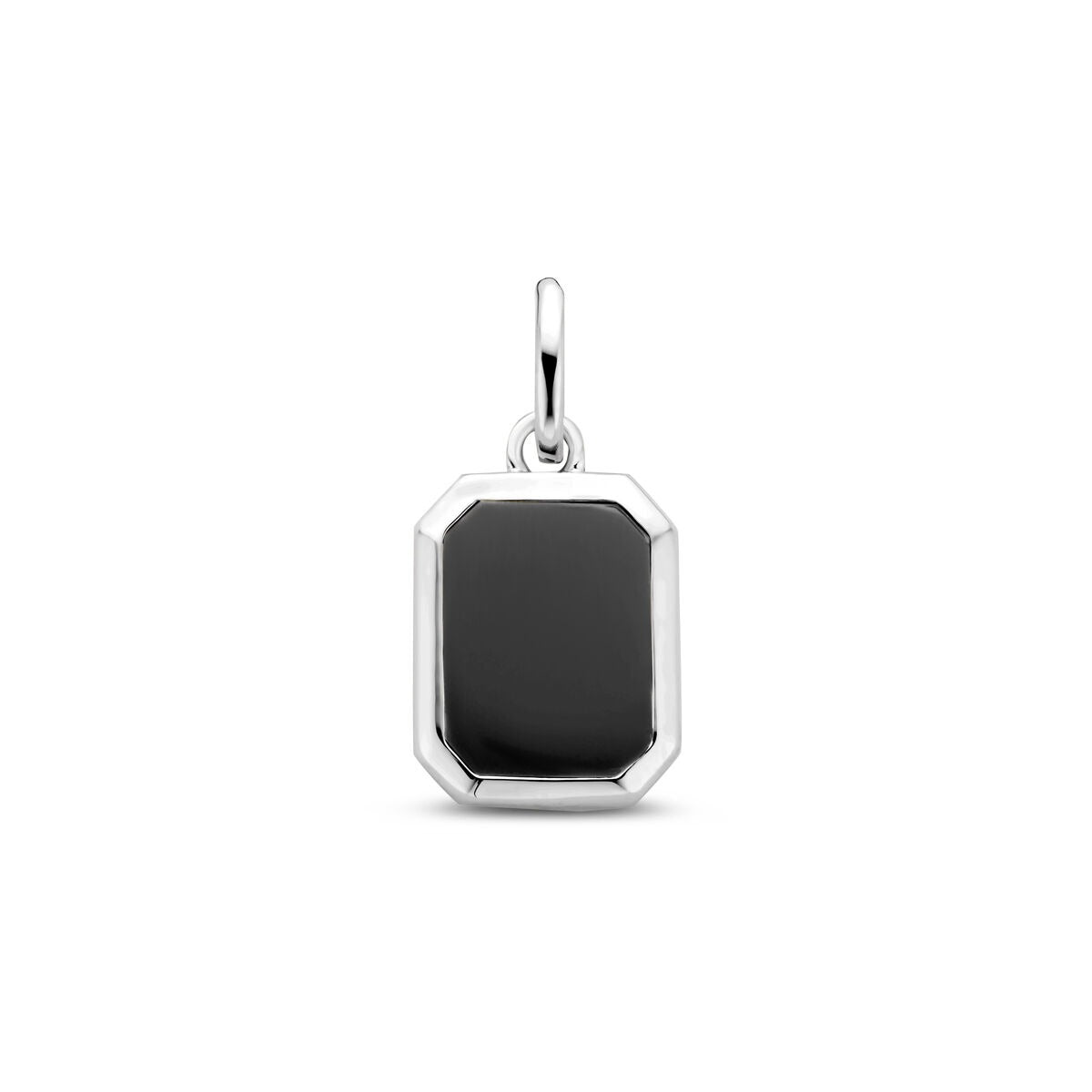 Pendentif en argent rhodié avec onyx noir, forme octogonale, dimensions 20 mm.