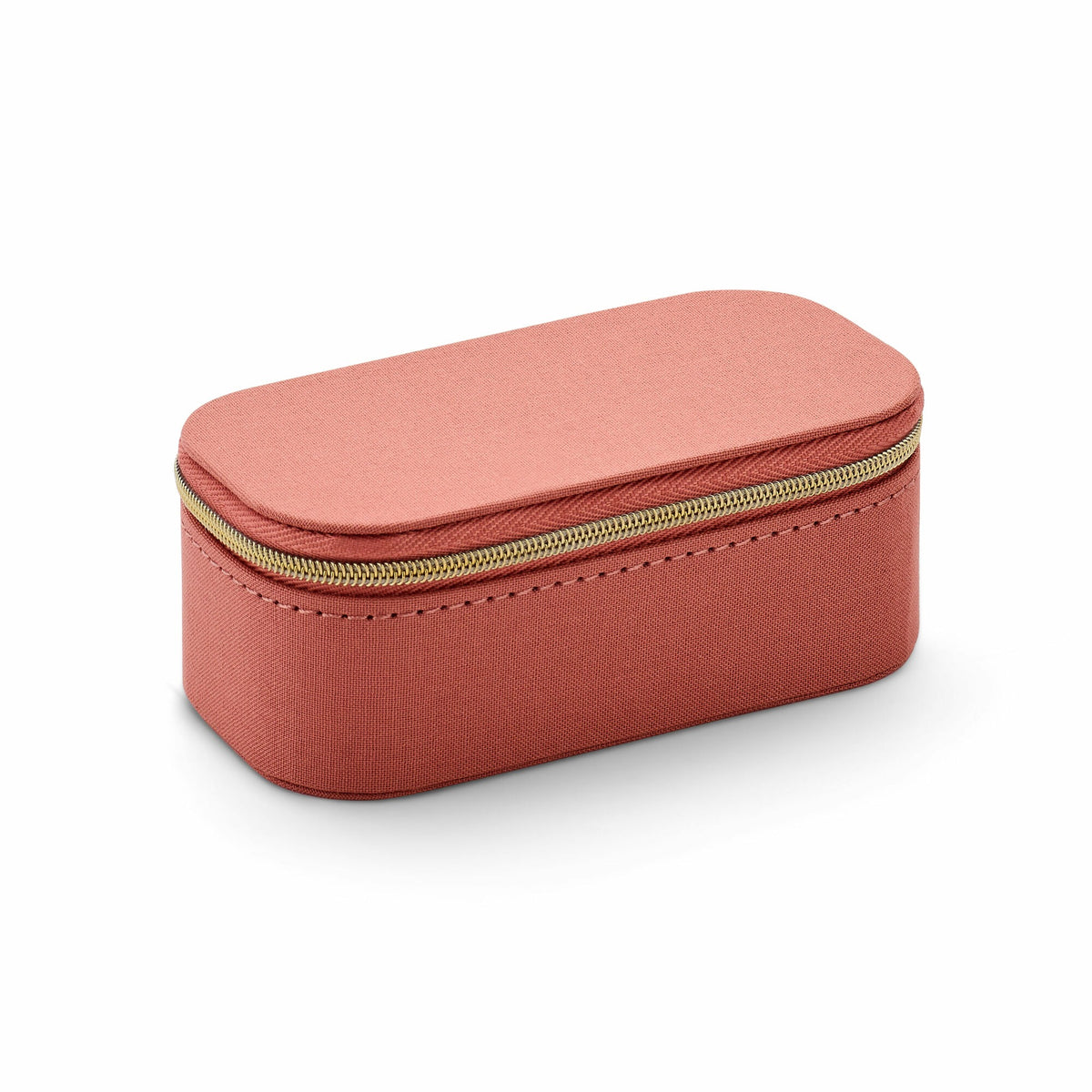 Boîte à bijoux luxueuse en velours pêche doux avec fermeture éclair dorée.