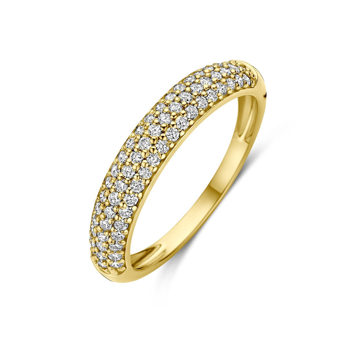 Bague en or jaune 14 carats ornée de diamants synthétiques en pavé.