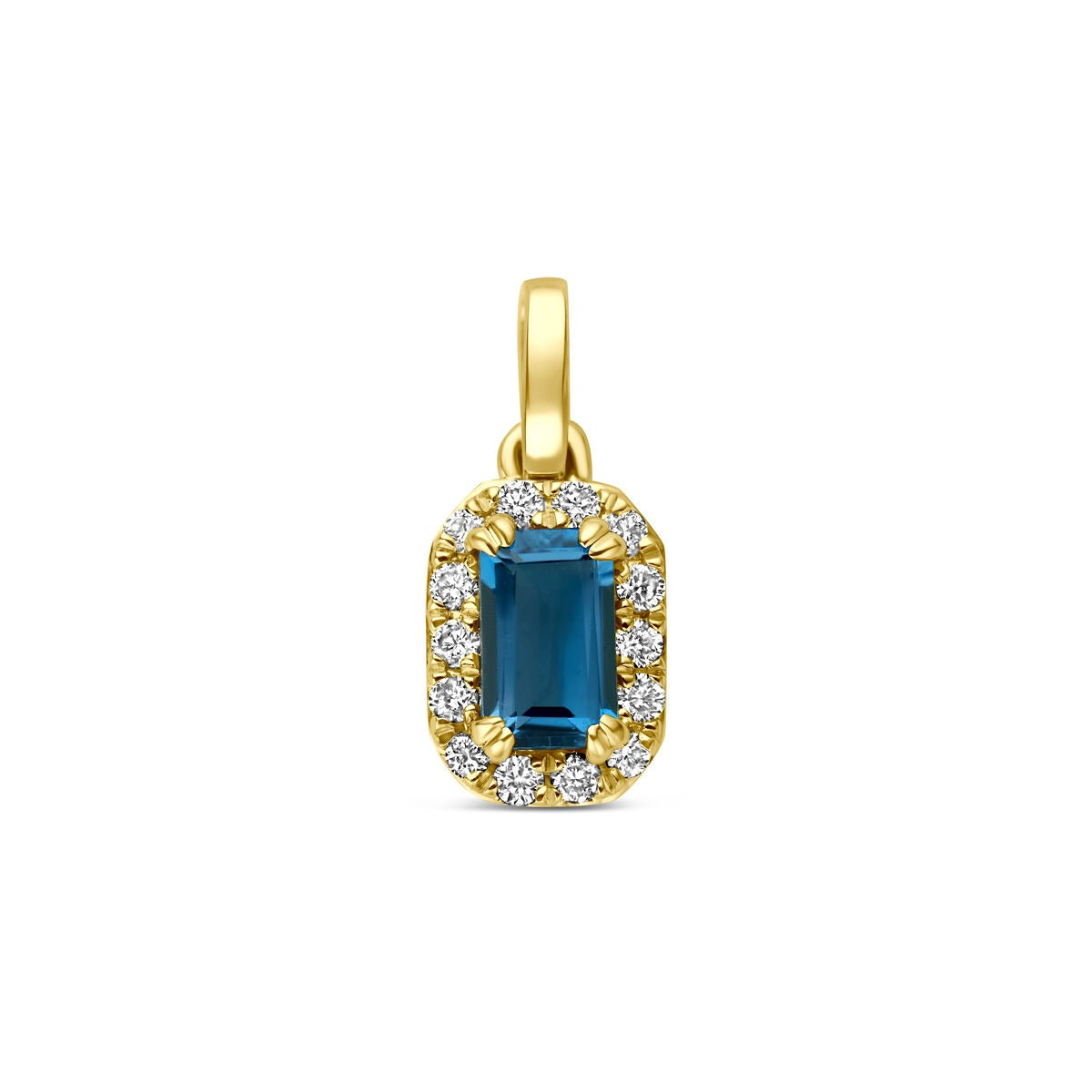Pendentif en or jaune 14 carats avec topaze bleue de Londres et diamants synthétiques.