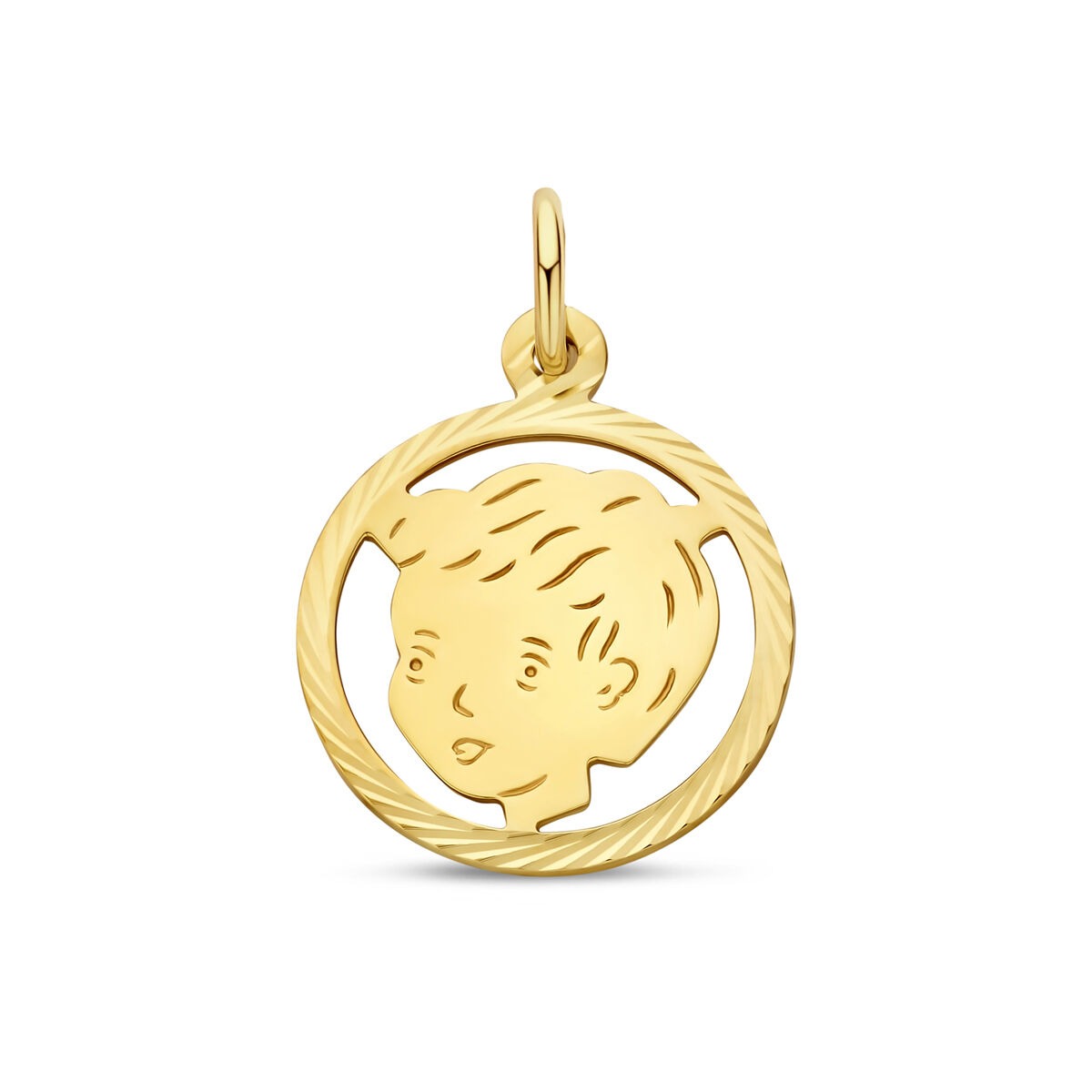 Pendentif en or jaune 9 carats représentant un visage d'enfant, forme ronde avec un contour torsadé.