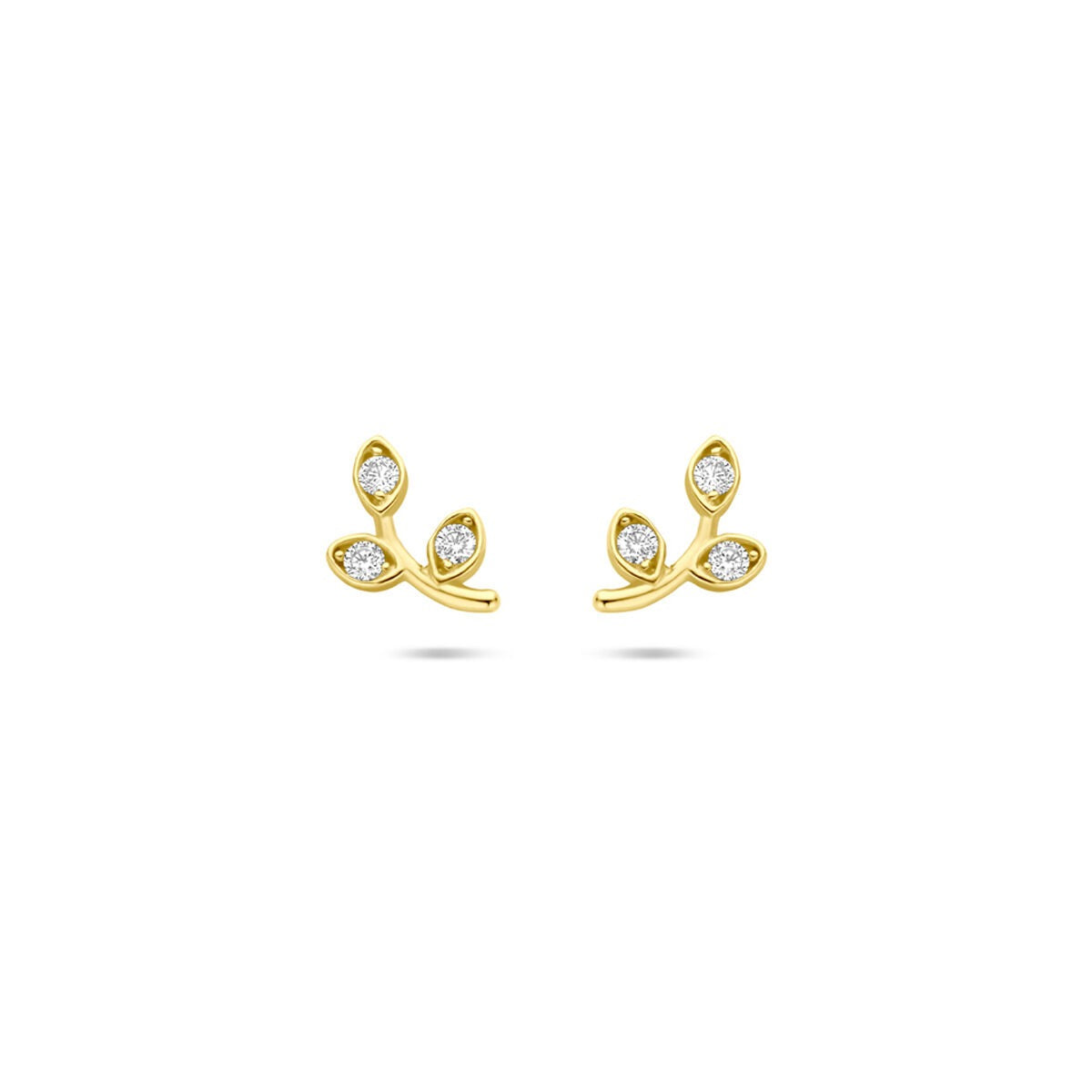 Boucles d'oreilles en or jaune 14 carats avec des zircons, en forme de branches avec des feuilles.