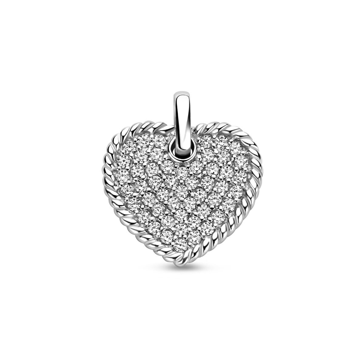 Pendentif en forme de cœur en argent rhodié, orné de zirkonia brillants.