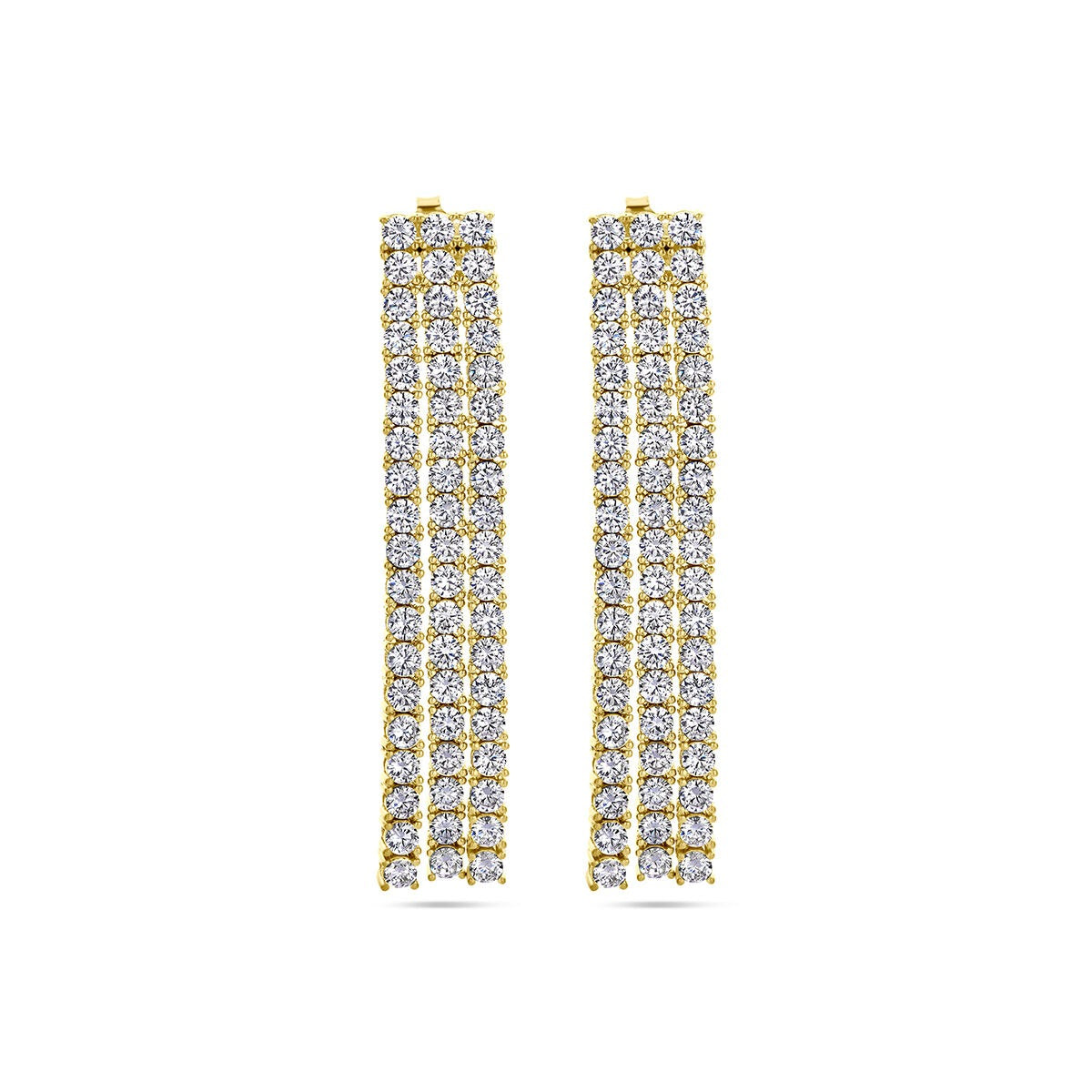 Boucles d'oreilles dorées en argent avec zirconia, mesurant 60 mm, en forme de longues bandes.