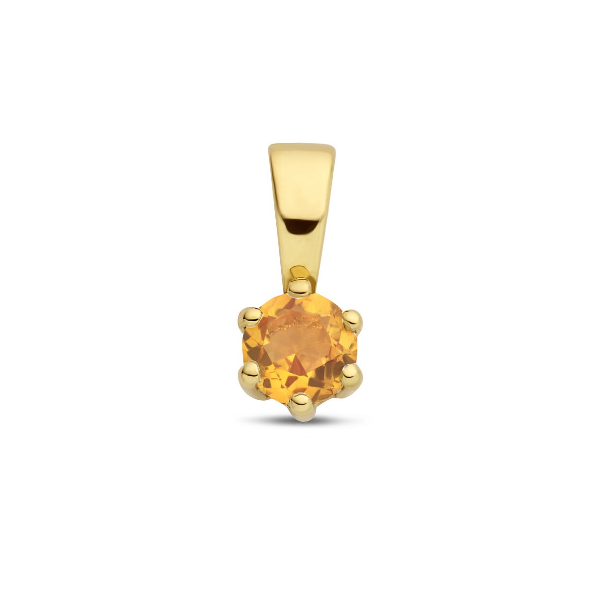 Pendentif en or jaune 14 carats avec citrine, forme ronde et serti à six griffes.