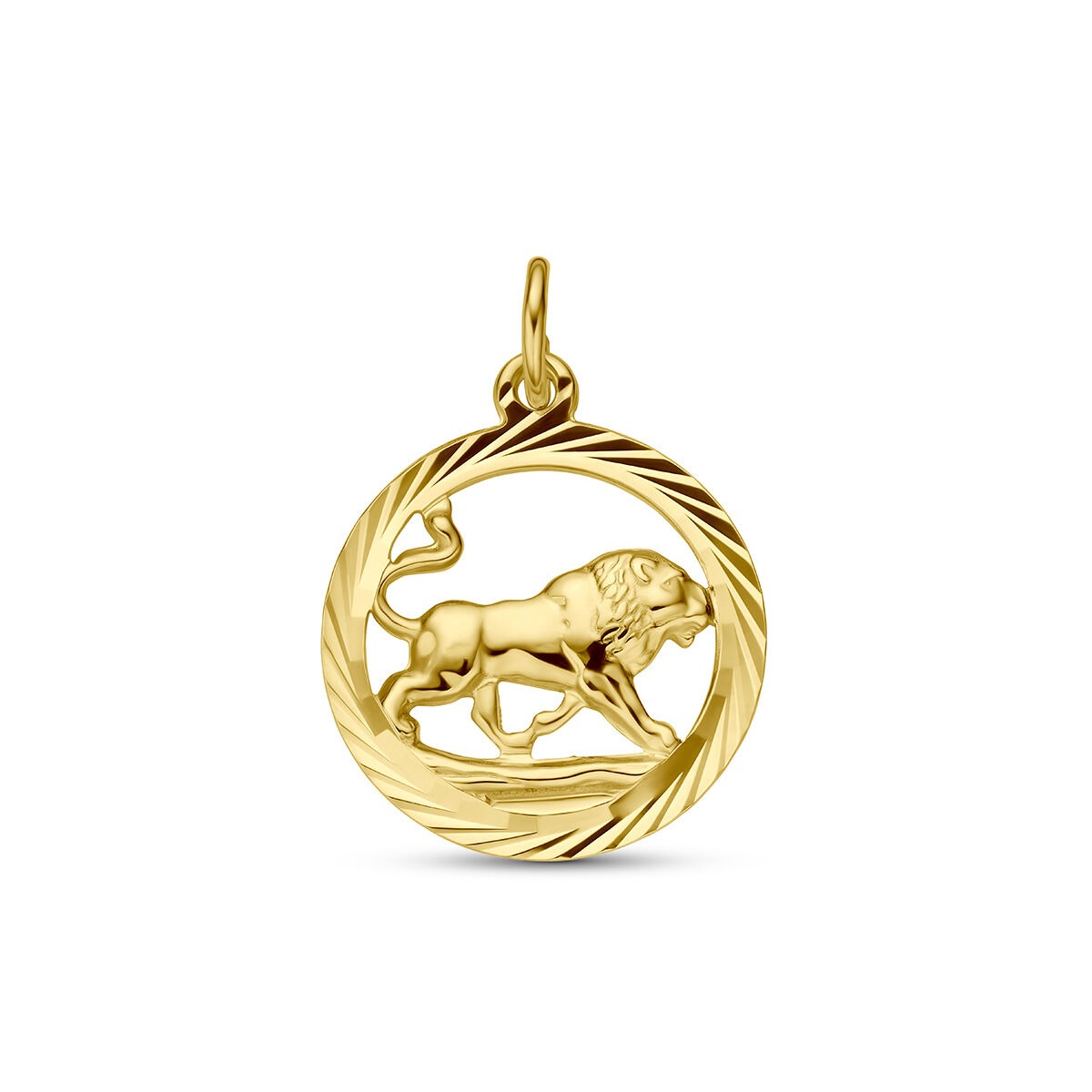 Pendentif en or jaune représentant un lion dans un cercle avec un motif tressé.