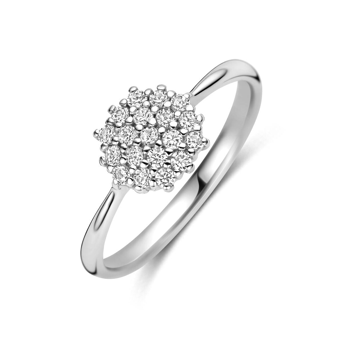 Bague en argent 925 rhodié ornée de zirconiums en forme de fleur.