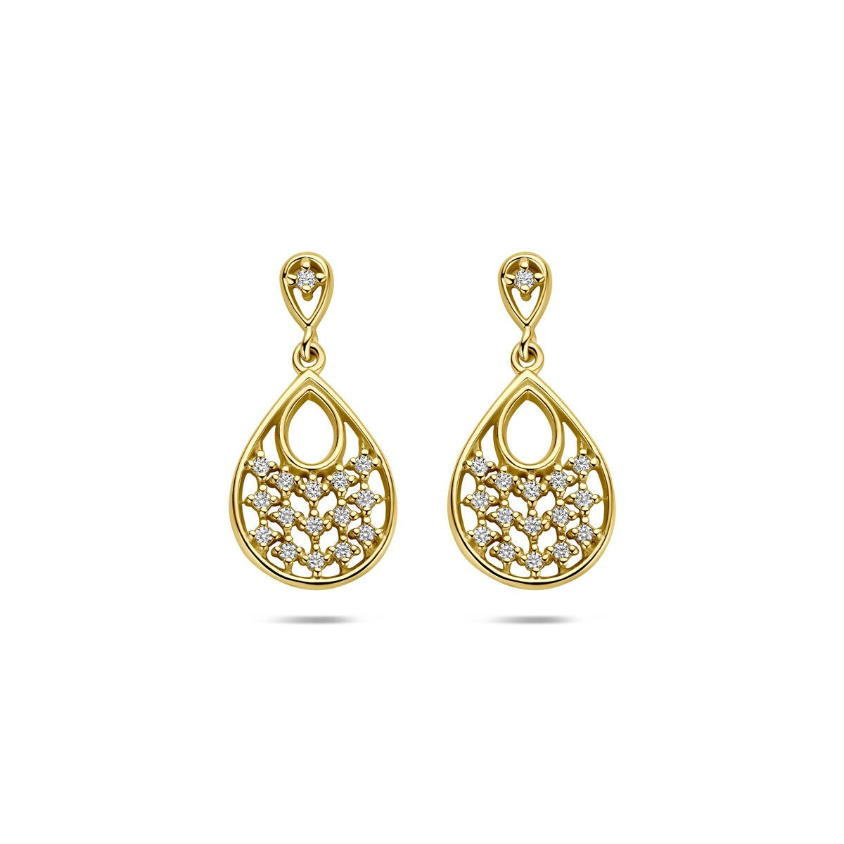 Boucles d'oreilles en argent doré avec des zircons, en forme de goutte.