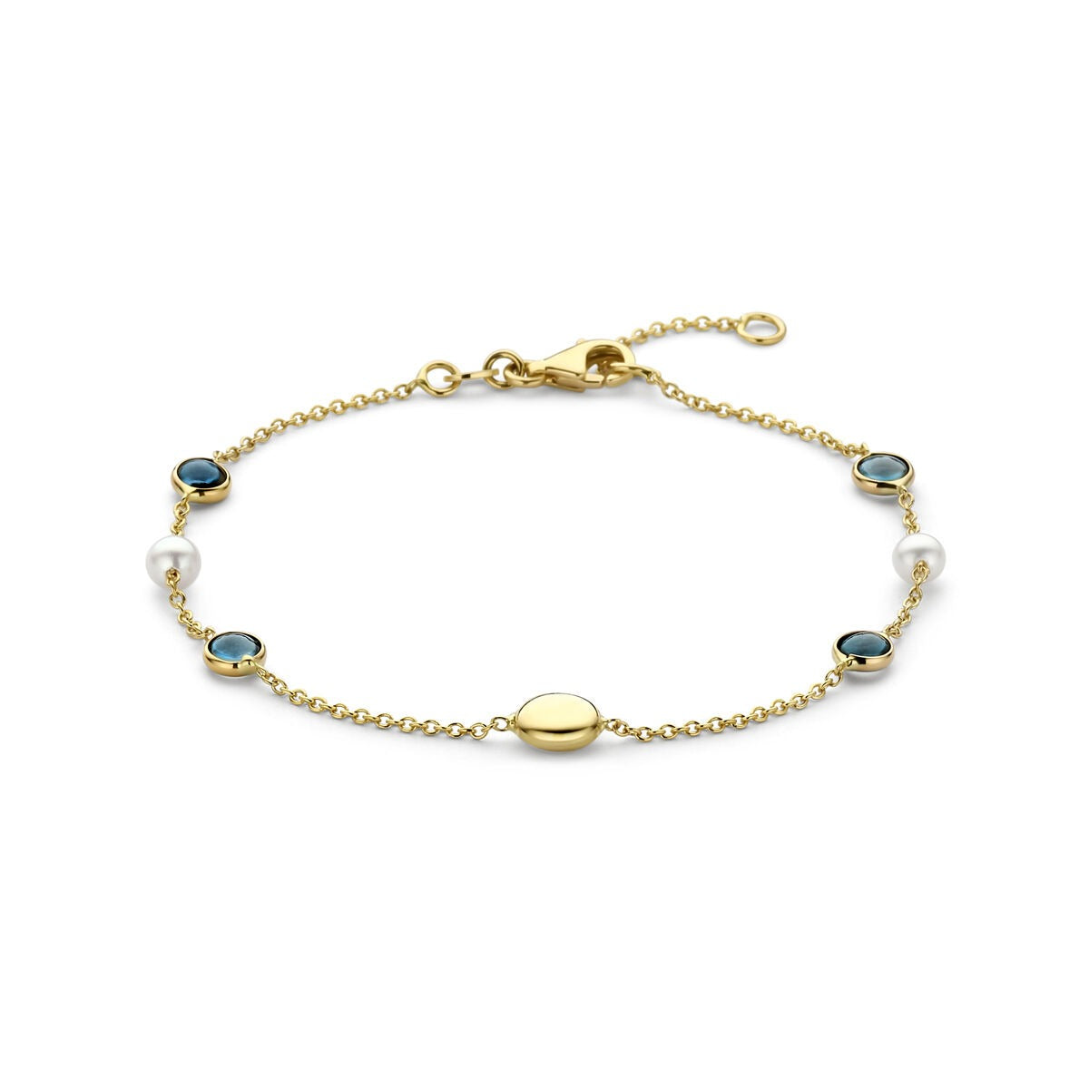 Bracelet en or jaune 14 carats avec des perles et des topazes London blue.