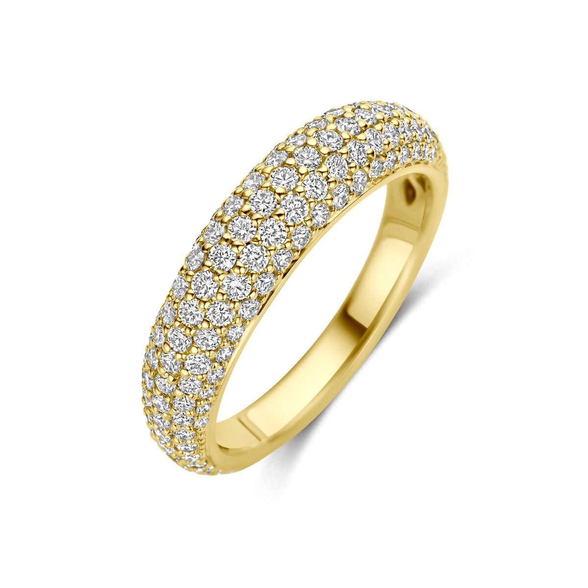 Bague en or jaune 14 carats ornée de diamants brillants.
