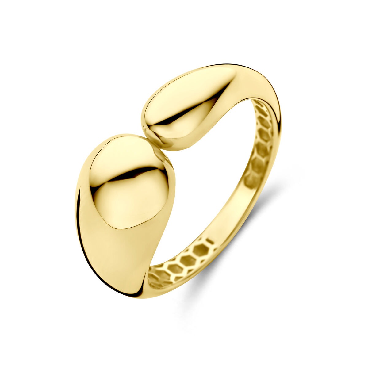 Bague en or 14 carats avec une finition lisse et des formes arrondies.