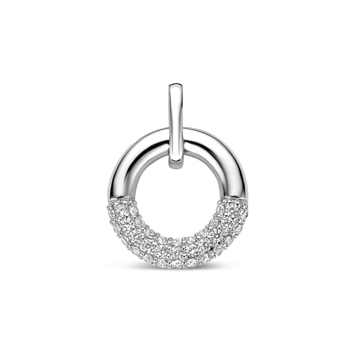 Pendentif rond en argent 925 rhodié, orné de zirkonia brillants.