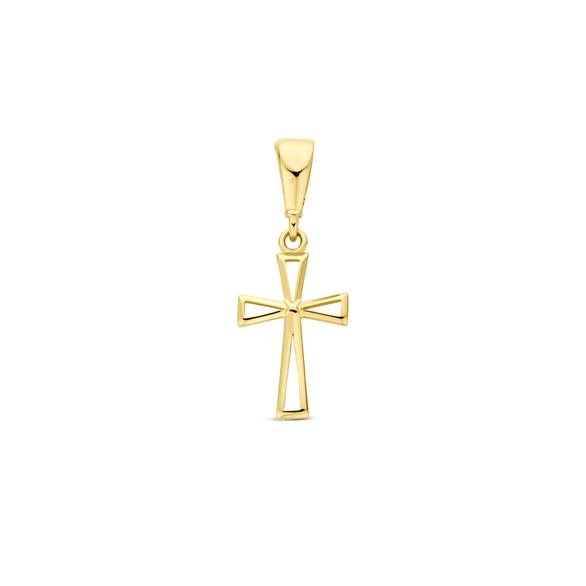 Pendentif en croix en or jaune 14 carats avec une finition lisse et des lignes géométriques.